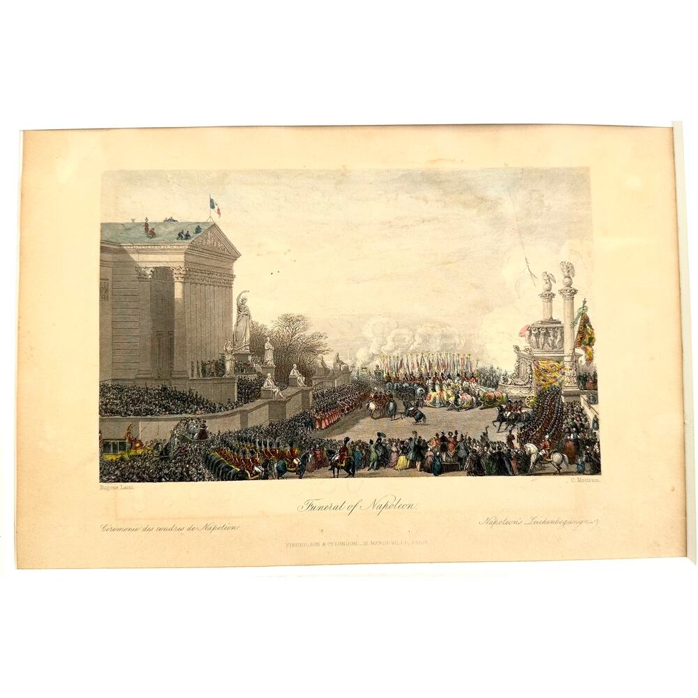 1800's Vintage Print Engraving of the Funeral of Napoleon. (small tear)